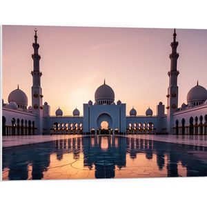 PVC Schuimplaat - Zon Zakkend achter Sjeik Zayed Moskee in Abu Dhabi, Verenigde Arabische Emiraten - 80x60 cm Foto op PVC Schuimplaat (Met Ophangsysteem)
