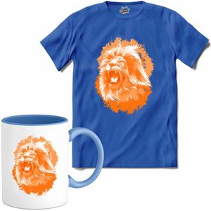 Oranje Leeuw - Oranje elftal WK / EK voetbal kampioenschap - bier feest kleding - grappige zinnen, spreuken en teksten - T-Shirt met mok - Dames - Royal Blue - Maat M