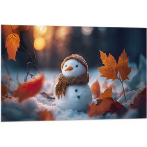 Vlag - Sneeuwpop met Bruine Sjaal en Muts in de Sneeuw tussen de Herfstbladeren - 90x60 cm Foto op Polyester Vlag