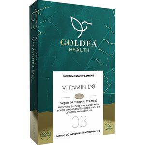 Goldea Health Vitamin D3 - Vegan - Voedingssupplement - 1000 IU 25 mcg -  30 softgels - Maanddosering