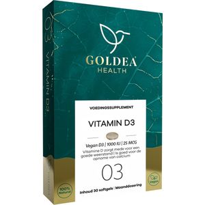 Goldea Health Vitamin D3 - Vegan - Voedingssupplement - 1000 IU 25 mcg -  30 softgels - Maanddosering