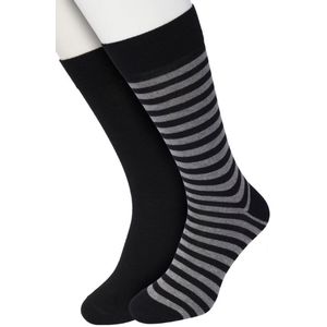 Bonnie Doon Sokken Set Gestreept en Effen voor Heren Zwart/Grijs maat 40/46 - Set met 2 paar Sokken - Strepen - Katoenen Sok - Gladde Naden - Brede Boord - Perfecte Pasvorm - 2-pack - Multipack - Zwart - Grijs - Black - Grey - OL0121012.133