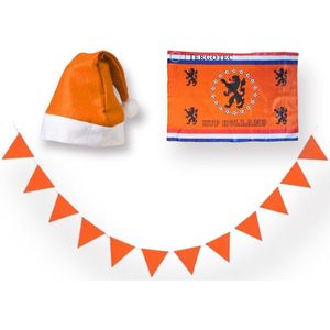 De OranjeFan Versierpakket EK voetbal 2024 / Oranje vlaggetjes 10m vlaggenlijn / Oranje vlag 100x70cm / Oranje kerstmuts / WK 2024