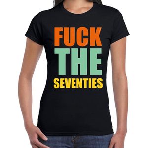 Fuck the seventies fun t-shirt met gekleurde letters - zwart -  dames - Fun shirt / kado t-shirt / 70s themafeest S