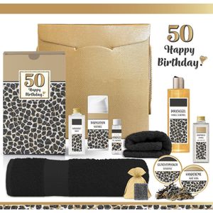 Geschenkset “50 Jaar Happy Birthday!” - 10 producten - 1450 gram | Giftset voor haar - Luxe wellness cadeaubox - Cadeau Vrouw Vijftig jaar - Gefeliciteerd - Gift Set Verjaardag - Geschenk Pakket - Cadeaupakket - Verjaardagscadeau - Panter Zwart Goud