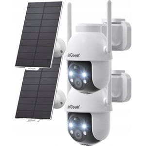ieGeek Beveiligingscamera Draadloze Buiten, 360° PTZ Buitencamera, 2K Zonne-Beveiligingscamera's voor Thuis, Spotlight en Sirene/2.4G WiFi/3MP Kleurennachtzicht/2-Weg Praten/PIR-Detectie, 2 stuks