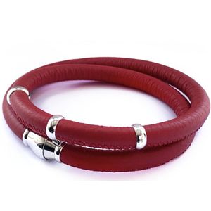 NIEUW! Jolla - dames wikkel armband - zilver - leer - magneetsluiting - bedels - Basic Silver - Rood
