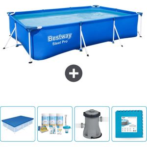 Bestway Rechthoekig Steel Pro Zwembad - 300 x 201 x 66 cm - Blauw - Inclusief Afdekzeil - Onderhoudspakket - Pomp - Vloertegels