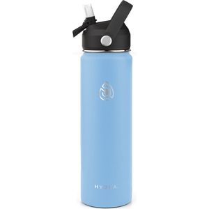 Drinkfles Roestvrij Staal 650ml - Lucid Ocean - 0.65L RVS Waterfles Licht Blauw - Outdoor - Verpakking inclusief dop met rietje, draaidop, schoonmaakborstel - min. 24u warm - 24u koud - Hydra.