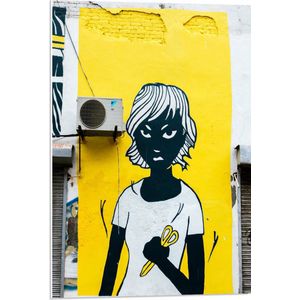 PVC Schuimplaat - Graffiti op Muur van Vrouw met Gele Schaar - 50x75 cm Foto op PVC Schuimplaat (Met Ophangsysteem)