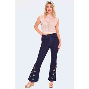 Voodoo Vixen - Butterfly Embroidery Denim Flared jeans - L - Blauw