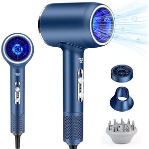 Ionen haardroger met 2400 W borstelloze motor en temperatuurweergave - sneldrogende föhn met diffuser sproeiers voor thuis salon reizen - Blauw Haardroger Met Borstel