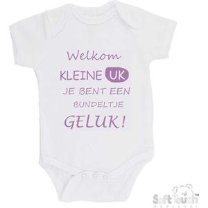 100% katoenen Romper ""Welkom kleine uk, je bent een bundeltje geluk"" Meisjes Katoen Wit/lila Maat 62/68