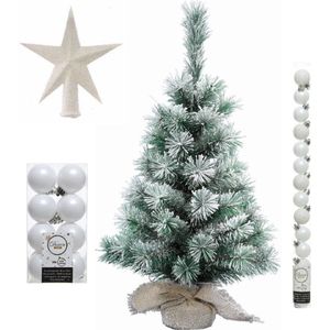 Kunst kerstboom 60 cm in jute zak met witte versiering 31-delig - Kerstdecoratie set
