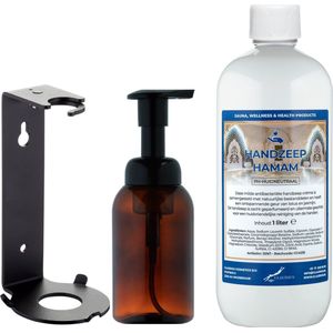 Zeepdispenser 300 ml amber bruin hervulbaar + 1 liter Handzeep Hamam navulling (inclusief beugel)
