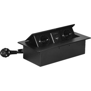 Stekkerdoos met USB - Pop up stekkerblok met 2 stopcontacten en 2 USB - Inbouw Verdeelstekker met RVS afwerking - Met 1.5 meter kabel - voor max. 3680 Watt - Zwart