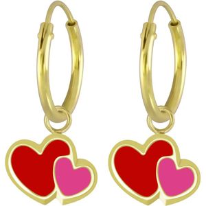 Joy|S - Zilveren hartje bedel oorbellen - roze en rode hartjes oorringen - 14k goudplating