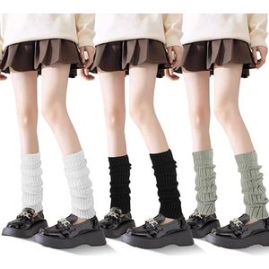 3 paar beenwarmers voor dames, modieuze gebreide beenwarmersokken in jaren 80-stijl, beenwarmers voor dames in jaren 90-stijl, beenwarmers voor feesten, ballet, dansen en sport - zwart, wit, grijsgroen