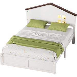 Merax Tweepersoonsbed 140x200cm - Kinderbed in Huisvorm - Massief Houten Bed met LED Verlichting - Wit