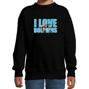 Tekst sweater I love dolphins met dieren foto van een dolfijn zwart voor kinderen - cadeau trui dolfijnen liefhebber - kinderkleding / kleding 152/164