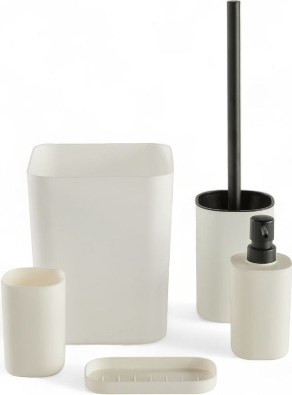 Set van 5 Badkameraccessoires - Utility - Kunststof - Zeepdispenser - Tandenborstelhouder - Zeephouder - WC-borstel - Prullenbak 5L