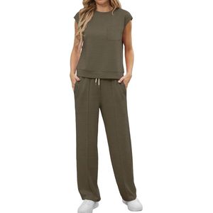 GRECERELLE tweedelig trainingspak voor dames, zomeroutfits, korte mouwen, casual, crew neck, cap sleeve, tops en joggingbroek met zakken
