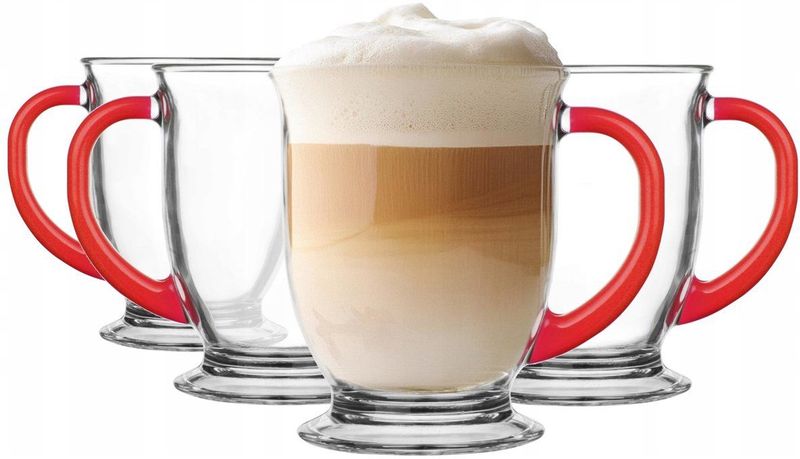 KROSNO - Kubas Koffieglazen Set van 4 - Rood Handvat - 400 ml - Vaatwasmachinebestendig