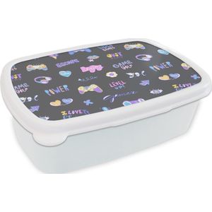 Broodtrommel Wit - Lunchbox - Brooddoos - Meisjes - Gaming - Console - Patronen - Girl - Kids - Kinderen - Kindje - 18x12x6 cm - Volwassenen