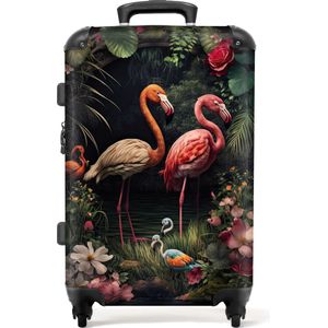 NoBoringSuitcases.com - Koffer - Flamingo - Bloemen - Jungle - Roze - Reiskoffer - Trolley op wieltjes - 66 cm - Handbagage koffer - Koffer groot - 60 liter - Grote koffer - 20 kg bagage - Hardcase koffer - Lichtgewicht - TSA slot