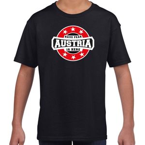Have fear Austria is here t-shirt met sterren embleem in de kleuren van de Oostenrijkse vlag - zwart - kids - Oostenrijk supporter / Oostenrijks elftal fan shirt / EK / WK / kleding 158/164