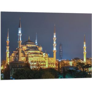 WallClassics - Vlag - Sultan AhmetMoskee in de Nacht in Istanbul, Turkije - 80x60 cm Foto op Polyester Vlag