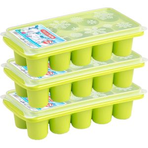 3x stuks Trays met dikke grote ronde blokken van 6.5 cm ijsblokjes/ijsklontjes vormpjes 10 vakjes kunststof groen met deksel