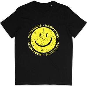 Grappig Dames en Heren T Shirt - Happiness Gelukkig - Gele Smiley -Zwart - S