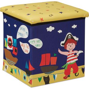 poef kinderkamer - piraat design - opbergpoef vouwbaar - 31 x 31 x 31 cm - blauw-geel