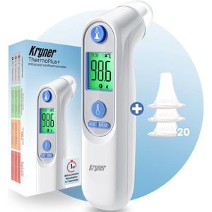 Kryner® ThermoPlus - Oorthermometer volwassenen - Koortsthermometer Oor - Thermometer Baby - Digitaal - Koortsindicator - Infrarood - 20 Beschermkapjes - Voor Kinderen En Volwassenen