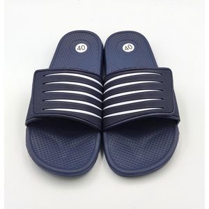 Unisex, dames, heren slippers effen met witte strepen - marine blauw - ideaal voor thuis of bad/strand - aanpasbaar met klittenband - maat 41