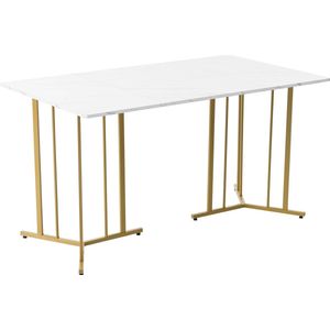 Merax Moderne Eettafel met Uniek Metalen Frame - 140x80 Keukentafel in Marmerlook - Marmerpatroon Tafel - Wit met Goud