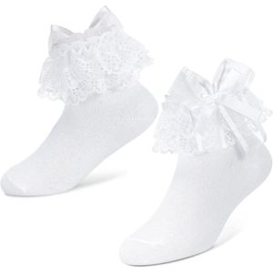 Girls Ruffle Socks met Kant en Strik - Voor Princess Costume Party - 4-6 Jaar - Wit - Maat One Size