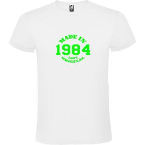Wit T-Shirt met “Made in 1984 / 100% Original “ Afbeelding Neon Groen Size XL