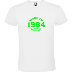 Wit T-Shirt met “Made in 1984 / 100% Original “ Afbeelding Neon Groen Size XS