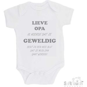 100% katoenen Romper "Lieve opa ik hoorde dat je geweldig bent en ben heel blij dat je mijn opa gaat worden!" Unisex Katoen Wit/grijs Maat 62/68