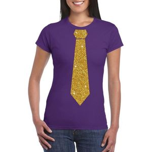Toppers Paars fun t-shirt met stropdas in glitter goud dames L