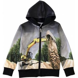 Kinder sweatvest met graafmachine print - kind - capuchon - kleur zwart - maat 110/116 - full color - capuchonvest - zeer mooi - trui - rits -