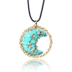 Cosy Casa® - Edelsteen - ketting - Blue Turquoise - kristal - blauw turkoois - Three of life - spiritueel - Maanvorm - Bergkristal - Natuurlijke edelsteen ketting - Cadeauverpakking - Maan