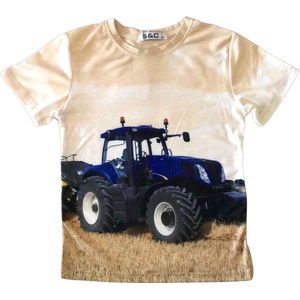 T-shirt met tractor, beige, full colour print, kids, kinder, maat 92, New Holland, stoer, trekker, mooie kwaliteit!
