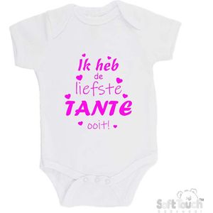 100% katoenen Romper ""Ik heb de liefste TANTE ooit!"" Meisjes Katoen Wit/Fluor pink Maat 62/68