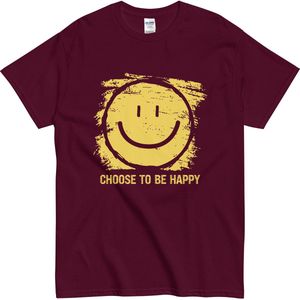 Dames en Heren T Shirt Choose Happiness - Smiley Print - Comfortabel - Bordeaux Rood - S