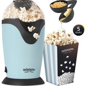 JAP Appliances Happy Pops - Retro popcorn machine (2-3 personen) 1200W - Inclusief maat- en botersmeltlepel - Klaar binnen 3 minuten - Zonder olie - Blauw