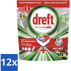 12 x Dreft - Vaatwastabletten - Platinum Plus All-in-One - Diepe reiniging - 19 Tabletten - Vaatwastabletten - Vaatwasser Capsules - Anti-dofheid - Vaatglans - Vaatwasmiddel