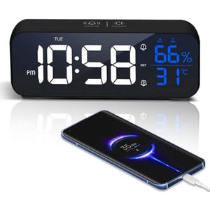 Digitale wekker met grote LED-temperatuurscherm en dubbele alarmen, USB-kabel, 6.7"" spiegelbedklok met 12/24 uur, 18 ringtones en snooze-functie